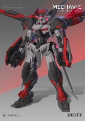 Rule 34 | blue eyes, commentary, commission, dual wielding, english commentary, full body, grey background, gun, gundam, gundam 00, harryych, highres, holding, holding gun, holding weapon, looking ahead, mecha, mobile suit, no humans, original, robot, science fiction, shadow, shoulder cannon, solo, standing, v-fin, weapon
