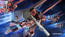 army bazooka_(gundam) beam_cannon company_name copyright_notice exposed_internal_machinery fleet glowing glowing_eye green_eyes gundam gundam_battle_operation_2 gundam_zz holding holding_weapon machinery mecha mecha_focus nebula neo_zeon official_art one-eyed painting_(medium) realistic robot scan schuzrum_dias science_fiction space star_(sky) sunrise_(company) tenjin_hidetaka thrusters traditional_media weapon