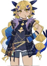 Rule 34 | 1234eabc, 1girl, aged down, belt, black shirt, black shorts, blonde hair, blue arm warmers, blush, body markings, braid, braided twintails, clothing cutout, dark-skinned female, dark skin, dragon girl, dragon horns, dragon tail, earrings, facial mark, fate/grand order, fate (series), gold armlet, hair ornament, hairclip, highres, horns, jewelry, lace-trimmed shorts, lace trim, long hair, looking at viewer, shirt, shoes, shorts, side labret piercing, solo, standing, tail, vritra (fate), yellow eyes