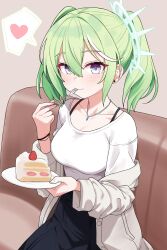 Rule 34 | 1girl, absurdres, black skirt, blue eyes, bra strap, breasts, cake, cake slice, couch, food, fork, gradient eyes, green hair, heart, highres, holding, holding fork, jacket, jewelry, long hair, looking at viewer, medium breasts, multicolored eyes, necklace, off shoulder, saho 4545, shirt, sitting, skirt, solo, spoken heart, stellive, twintails, virtual youtuber, white jacket, white shirt, yuzuha riko