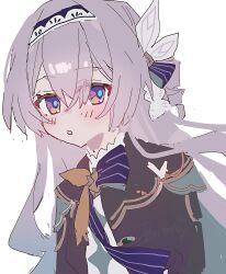 Rule 34 | 1girl, :o, absurdres, blue necktie, blue ribbon, blush, brown jacket, collared shirt, cropped jacket, firefly (honkai: star rail), gradient hair, green pupils, grey hair, hair between eyes, hair intakes, hair ornament, hair ribbon, hairband, highres, hinay 2, honkai: star rail, honkai (series), jacket, long hair, multicolored eyes, multicolored hair, neckerchief, necktie, open mouth, orange neckerchief, ribbon, shirt, simple background, solo, white background, white hairband, white shirt