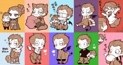 &gt;_&lt; 3boys angel_wings animal_ears steamed_bun blush bug butterfly cape closed_mouth crossed_arms demon_tail demon_wings dog_ears dog_tail domon_asuka eating eyepatch food goggles goggles_around_neck grin hat heart holding ichinose_kazuya inazuma_eleven inazuma_eleven_(series) insect kidou_yuuto kotorai large_syringe long_sleeves medical_eyepatch multiple_boys multiple_views musical_note nurse_cap open_mouth oversized_object scarf shirt sitting sleeves_past_fingers sleeves_past_wrists slippers smile star_(symbol) striped_clothes striped_scarf stuffed_animal stuffed_rabbit stuffed_toy syringe t-shirt tail thinking translation_request wings