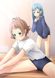 2girls :q blue_buruma blue_eyes blue_hair blue_sweater blush bow bowtie brown_hair buruma commentary_request cowboy_shot crossed_arms dress_shirt feet_out_of_frame flipped_hair freckles from_behind frown gluteal_fold granbelm green_eyes gym_shirt gym_uniform hair_over_shoulder hakamada_suishou indoors leaning_forward locker locker_room long_hair long_sleeves looking_at_another multiple_girls pink_bow pink_bowtie rosa_(granbelm) school_uniform shibacha shirt shirt_tucked_in short_hair short_sleeves sitting standing stretching sweater swept_bangs t-shirt thigh_gap tongue tongue_out v-shaped_eyebrows white_shirt