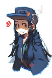 1girl baseball_cap black_hair black_hat black_hoodie cassette_girl_(taikodon) cassette_tape cigarette cropped_torso dated friday_night_funkin&#039; hat highres hood hoodie long_hair long_sleeves looking_at_viewer mary_felizola sidelocks signature simple_background smile smoke smoking solo upper_body white_background