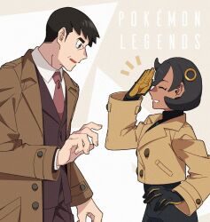 1boy 1girl black_gloves black_hair brown_coat brown_jacket coat collared_shirt copyright_name emma_(pokemon) from_side gloves grey_background jacket looker_(pokemon) necktie nintendo open_mouth pokemon pokemon_legends:_z-a red_necktie saikei salute shirt tears white_shirt