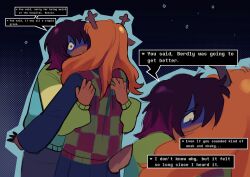1girl 1other absurdres animal_ears antlers apologizing back black_skirt blonde_hair brown_hair checkered_clothes checkered_sweater_vest checkered_vest clothes_grab comforting crying crying_with_eyes_open deer_antlers deer_ears deer_girl deer_tail deltarune furry furry_female green_sweater grey_pants halftone halftone_background highres horns hug kai_(timeroom9000) kris_(deltarune) long_hair medium_hair messy_hair night night_sky noelle_holiday orange_hair pants reindeer_girl scared shaded_face skirt sky spoilers star_(sky) starry_sky striped_clothes surprised sweater tail tearing_up tears vest wavy_hair weird_route_(deltarune) worried
