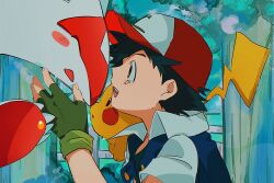 1boy ash_ketchum black_hair black_shirt blush brown_eyes claws closed_eyes creatures_(company) fingerless_gloves game_freak gen_1_pokemon gen_3_pokemon gloves green_gloves highres jacket latias legendary_pokemon nintendo omotikonetemasu open_mouth pikachu pokemon pokemon_(anime) pokemon_(classic_anime) pokemon_(creature) pokemon_heroes:_latios_&amp;_latias shirt smile tail