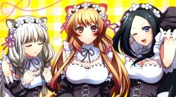 3girls absurdres alta_(tate_no_yuusha_no_nariagari) alternate_costume animal_ears armpits atla_fayon black_hair black_hairband black_ribbon blue_eyes blunt_bangs blush braid breasts brown_hair cat_ears cleavage cleavage_cutout closed_eyes clothing_cutout colored_tips commission detached_sleeves embarrassed enmaided flower flower_hairband frills hair_ornament hair_ribbon hairband highres honchu large_breasts long_hair long_sleeves looking_at_viewer maid maid_headdress medium_breasts multicolored_hair multiple_girls neck_ribbon one_eye_closed open_mouth orange_hair petals pink_ribbon presenting_armpit raphtalia red_eyes red_hair ribbon sadeena sadina_(tate_no_yuusha_no_nariagari) second-party_source small_breasts smile tate_no_yuusha_no_nariagari tiger_ears twin_braids upper_body white_background white_flower white_hair yellow_background