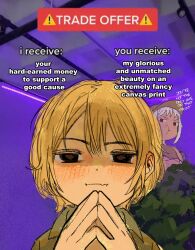2girls azov_battalion bad_link blonde_hair brown_eyes chibi commentary ears_visible_through_hair english_commentary english_text fang hair_between_eyes highres jacket light_blush looking_at_viewer marichka meme military military_uniform multiple_girls nika_(usergore) original pout russo-ukrainian_war shirt short_hair single_sidelock skin_fang sleeveless steepled_fingers trade_offer_(meme) ukraine usergore white_hair