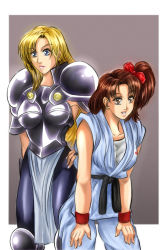 2girls adk armor blonde_hair blue_eyes bow bowtie breastplate breasts brown_eyes brown_hair izumo_ryoko janne_d&#039;arc judo judogi judoka karate_uniform knight leather leather_pants lips long_hair looking_at_viewer medium_breasts multiple_girls neo_geo pants penzoom shiny_clothes short_hair side_ponytail skirt smile snk world_heroes wristband