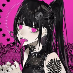 1girl artist_request ear_piercing long_tongue looking_at_viewer piercing pink_eyes sharp_teeth tagme tattoo teeth tongue