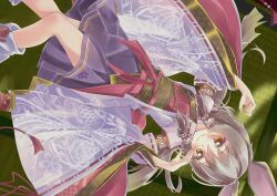 1girl absurdres animal_ears blush brown_eyes floral_print grey_hair hair_tubes highres ichijiku_(vrchat) japanese_clothes long_hair looking_at_viewer lying miyama_leaves obi rabbit_ears ribbon ribbon-trimmed_sleeves ribbon_trim sash skirt smile solo tatami upside-down vrchat wide_sleeves yellow_eyes
