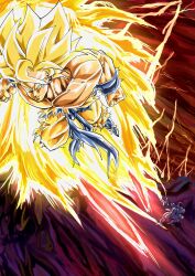 Rule 34 | 2boys, absurdres, aura, blue sash, blue wrist cuffs, clenched hands, dragon ball, dragonball z, flying, frieza, full power frieza, highres, male focus, multiple boys, muscular, muscular male, nishitakuart, orange pants, pants, sash, solo focus, son goku, super saiyan, super saiyan 1, topless male, wrist cuffs