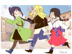 3girls alternate_costume black_hair blonde_hair blunt_bangs braid closed_eyes full_body kase_(ks_lys) kurosawa_dia long_hair long_sleeves love_live! love_live!_sunshine!! matsuura_kanan multiple_girls ohara_mari open_mouth purple_hair running twitter_username