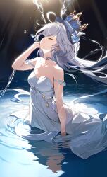 1girl absurdres ahoge breasts closed_eyes dress floating_hair furina_(genshin_impact) furina_(old_design)_(genshin_impact) genshin_impact hat highres luna_night medium_breasts partially_submerged solo standing standing_on_liquid top_hat water white_dress white_hair