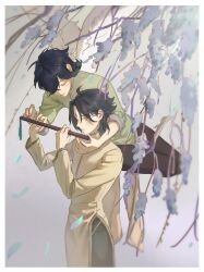 Rule 34 | 2boys, aji 11300913, alternate costume, black hair, black pantyhose, blush, border, closed eyes, cowboy shot, feathered wings, fingernails, genshin impact, green hair, green shirt, hair over one eye, hashtag-only commentary, highres, holding, looking at object, lying, male focus, multicolored hair, multiple boys, on side, orange eyes, pantyhose, parted lips, shirt, short hair, sleeve rolled up, standing, two-tone hair, venti (genshin impact), white border, white wings, wings, xiao (genshin impact), yellow shirt