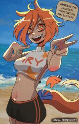 1girl ahoge animal_ears basedbinkie beach breasts crop_top dark-skinned_female dark_skin highres horse_ears horse_girl horse_race_tests horse_tail jovial_merryment medium_breasts navel ocean open_mouth orange_eyes orange_hair personification short_hair shorts smile solo star-shaped_pupils star_(symbol) symbol-shaped_pupils tail turtleneck