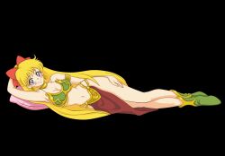 2d_artwork aino_minako animedrawing animestyle bare_arms bare_legs bare_shoulders bikini bishoujo_senshi_sailor_moon black_background blonde_hair blue_eyes blush boots bow bra bracelet breasts cleavage collar curvy ear_piercing earrings eyelashes goddess_of_love gold gold_bracelets gold_ear_piercing gold_ear_ring gold_earring gold_earrings golden_bracelets golden_collar golden_ear_ring golden_earrings green_bikini green_boots green_bra harem_outfit highres hoop_ear_ring hoop_earring hoop_earrings hoop_rings hourglass_figured_female hourglass_figured_humanoid jewelry loincloth long_hair looking_at_viewer lying midriff navel on_side piercing pillow pink_pillows pov red_bow red_bow_ribbon red_loincloth red_ribbon red_ribbon_in_hair ribbon ribbon_in_hair sailor_venus shading swimsuit thick_thighs thighs underwear