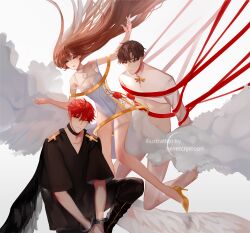 1girl 2boys 707_(susanghan_messenger) artist_name breasts brown_hair choker cleavage commentary cuffs english_commentary floating_hair han_jumin handcuffs high_heels highres leotard long_hair male_focus multiple_boys nevercrymoon pants parted_lips protagonist_(susanghan_messenger) red_hair shirt shoes short_hair simple_background susanghan_messenger very_long_hair white_background white_leotard white_pants white_shirt yellow_shoes