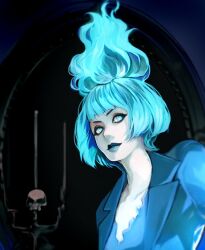 1girl animification blue_fire blue_hair blue_lips closed_mouth disneyland dress fiery_hair fire formal_clothes gloves kyou_o lipstick long_sleeves looking_at_viewer makeup ms._hades short_hair simple_background smile solo suit