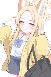 1girl absurdres alternate_costume animal animal_ear_fluff animal_ears animal_on_shoulder aoraine bag bird bird_on_hand bird_on_shoulder black_bag blonde_hair blue_archive blue_bow blue_bowtie bow bowtie commentary dot_nose english_commentary grey_skirt halo highres holding jacket long_hair long_sleeves open_clothes open_jacket parted_lips pink_eyes school_bag school_uniform seia_(blue_archive) shirt simple_background skirt sleeves_past_fingers sleeves_past_wrists solo sparkle white_background white_shirt yellow_jacket