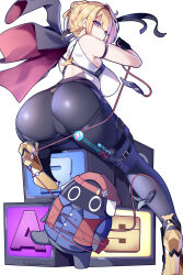 1girl ass bangboo_(zenless_zone_zero) black_gloves black_pants blonde_hair blue_eyes braid breasts commentary english_commentary evelyn_chevalier from_behind gloves highres hot_vr large_breasts looking_at_viewer looking_back pants screen shirt short_hair simple_background subscribestar_logo subscribestar_username white_background white_shirt zenless_zone_zero