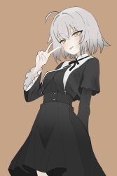1girl absurdres ahoge black_dress black_ribbon breasts brown_background dress fate/grand_order fate_(series) grey_hair hair_between_eyes highres jeanne_d&#039;arc_alter_(avenger)_(fate) jeanne_d&#039;arc_alter_(fate) large_breasts long_sleeves looking_at_viewer nun ribbon rizonee short_hair simple_background solo tongue tongue_out v victory_pose yellow_eyes