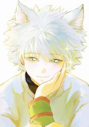 2boys animal_ear_fluff animal_ears black_shirt blue_eyes cat_boy cat_ears closed_mouth fingernails gelb gon_freecss hand_on_another&#039;s_face highres hunter_x_hunter kemonomimi_mode killua_zoldyck layered_clothes long_sleeves looking_at_viewer male_focus multiple_boys out_of_frame shirt simple_background smile solo_focus sparkle upper_body white_background white_hair white_shirt