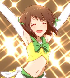 1girl :d ^_^ armpits arms_up backlighting blush bob_cut bow bowtie breasts brown_hair closed_eyes elbow_gloves female_focus gloves green_bow green_bowtie hagiwara_yukiho idol idolmaster idolmaster_(classic) navel ninnzinn open_mouth short_hair small_breasts smile solo sweat upper_body white_gloves