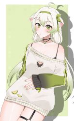 ahoge bare_shoulders blush bra bra_strap cleavage_cutout clothing_cutout food fruit gradient_hair green_eyes green_hair green_nails green_sweater hairband hand_on_own_stomach highres indie_virtual_youtuber laimu_(vtuber) laimu_(vtuber)_(cozy) leaf lime_(fruit) lime_necklace lime_slice long_hair looking_at_viewer multicolored_hair nekobiyori no_pants pink_nails ribbon shadow simple_background skindentation sweater thighs twintails two-tone_hair underwear vinesauce virtual_youtuber white_hair