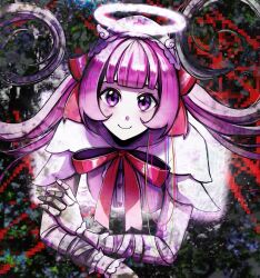 1girl ai-chan_(love_angel_syndrome) bandaged_arm bandages bandaid bandaid_on_face bandaid_on_forehead blunt_bangs distortion double-parted_bangs hair_ribbon halo hat highres joints looking_at_another love_angel_syndrome neck_ribbon nurse_cap official_art pink_eyes pink_hair ribbon robot_joints smile solo sparkling_eyes twintails upper_body winged_sleeves wrist_cuffs