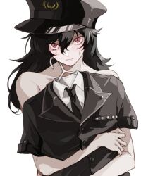 1boy amamiya_ren black_hair black_necktie blush clothes_hanger collarbone crossdressing hair_between_eyes hat highres holding holding_unworn_clothes jacket long_hair looking_at_viewer male_focus necktie persona persona_5:_dancing_star_night persona_dancing pink_eyes police police_hat police_uniform saichuu_(more1208) shadow shoes simple_background solo sweatdrop trap unworn_jacket unworn_shoes upper_body white_background