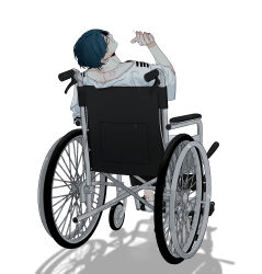 1boy absurdres blue_hair from_behind full_body hair_between_eyes hand_up head_tilt highres looking_at_viewer looking_back maelo male_focus meguriya_ayumu shadow shirt short_hair simple_background sitting solo toshi_densetsu_kaitai_center wheelchair white_background white_shirt