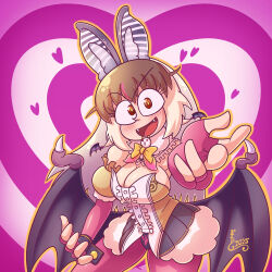 1girl animal_ears bat_ears bat_girl bat_wings brown_eyes brown_hair brown_long-eared_bat_(kemono_friends) elbow_gloves extra_ears fingerless_gloves gloves grey_hair heart kemono_friends kemono_friends_v_project kuraibe_keishi leotard long_hair looking_at_viewer microphone multicolored_hair pantyhose purple_background simple_background skirt solo streaked_hair virtual_youtuber wings