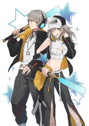 1boy 1girl ;o baseball_bat black_jacket black_pants breasts caelus_(honkai:_star_rail) commentary crop_top headphones headphones_around_neck highres holding holding_baseball_bat honkai:_star_rail honkai_(series) jacket jewelry medium_hair midriff navel necklace one_eye_closed pants rune_(rne_at) shirt short_hair small_breasts star_(symbol) star_symbol_background stelle_(honkai:_star_rail) symbol-only_commentary trailblazer_(honkai:_star_rail) white_background white_shirt yellow_background