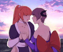Rule 34 | ayane (doa), charlyarts, dead or alive, fire emblem, fire emblem: three houses, kasumi (doa), kiss, lesbian couple, ninja, purple hair, red hair, yuri