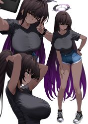 1girl absurdres ahoge aldided armpit_peek bad_tag bare_legs black_hair black_halo black_shirt black_shoes blue_archive breasts cellphone closed_mouth collarbone commentary converse cutoffs dark-skinned_female dark_skin denim denim_shorts expressionless gradient_hair hair_intakes halo hand_on_own_hip hand_on_own_leg hand_up hands_up highres holding holding_phone huge_breasts karin_(blue_archive) large_breasts legs long_hair looking_at_phone looking_at_viewer multicolored_hair multicolored_halo multiple_views no_socks orange_eyes outstretched_arm phone ponytail purple_hair purple_halo selfie shirt shoes short_shorts short_sleeves shorts simple_background smartphone standing t-shirt tying_hair very_long_hair white_background wispy_bangs wristband
