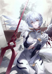 absurdres angel_wings ayanami_rei bident blue_hair bodysuit breasts cowboy_shot crossed_bangs dutch_angle eva_00 hairpods highres hiro_(hirohiro_gorira) huge_filesize interface_headset_(evangelion) lance_of_longinus_(evangelion) mecha_pilot_suit medium_breasts neon_genesis_evangelion nerv parted_lips plugsuit_(evangelion) polearm red_eyes ruins short_hair weapon white_bodysuit wings