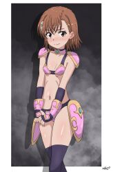 Rule 34 | 1girl, armor, asymmetrical bangs, bikini, bikini armor, black thighhighs, blush, border, breasts, brown eyes, brown hair, closed mouth, commentary, elbow gloves, embarrassed, english commentary, fingerless gloves, gloves, hair ornament, hairpin, highres, hip armor, kamachi crossover, medium hair, misaka mikoto, nashdnash2007, navel, official alternate costume, pink armor, pink bikini, signature, simple background, small breasts, solo, swimsuit, thighhighs, toaru kagaku no railgun, toaru majutsu no index, white border
