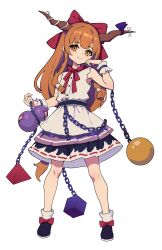 1girl artist_request ball_and_chain_restraint bow brown_horns chain closed_mouth commentary_request cuffs full_body gourd hair_bow highres horn_ornament horn_ribbon horns ibuki_suika long_hair looking_at_viewer oni orange_eyes orange_hair psd_available red_bow ribbon second-party_source shoes skirt smile socks solo tachi-e torn_clothes torn_sleeves touhou transparent_background very_long_hair white_socks wrist_cuffs