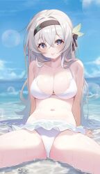 1girl alternate_costume arm_support artist_name bare_shoulders beach bikini black_hairband blue_sky blush breasts bubble cleavage cloud cloudy_sky collarbone day deyui fanbox_logo firefly_(honkai:_star_rail) grey_hair hair_between_eyes hair_ornament hairband highres honkai:_star_rail honkai_(series) horizon large_breasts long_hair looking_at_viewer navel outdoors patreon_logo purple_eyes sitting sky solo spread_legs swimsuit thighs tongue tongue_out wet_bikini white_bikini