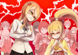10s 2boys 6+girls annoyed blonde_hair blush blush_stickers bow braid crossed_arms danganronpa_(series) danganronpa_3_(anime) face_piercing flipped_hair freckles glasses green_eyes hair_ornament hinata_hajime hood hoodie japanese_clothes koizumi_mahiru kuzuryu_fuyuhiko kuzuryu_natsumi kyukyutto_(denryoku_hatsuden) lip_piercing long_hair mioda_ibuki multiple_boys multiple_girls nanami_chiaki pekoyama_peko piercing ponytail saionji_hiyoko satou_(danganronpa) school_uniform short_hair smirk tsumiki_mikan twin_braids yellow_eyes