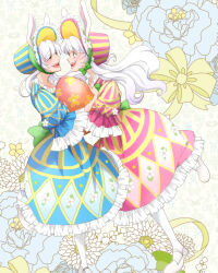 2girls animal_ears animification bow dress easter_wonderland end_bunny_(disney) flower frills full_body gloves hair_flower hair_ornament hat long_hair looking_at_another multiple_girls rabbit_ears sagara_shino smile white_hair