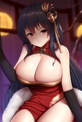 1girl ahoge azur_lane bare_shoulders black_hair breasts bridal_gauntlets china_dress chinese_clothes cleavage cleavage_cutout clothing_cutout dress feather_boa female_focus hair_between_eyes hair_ornament head_tilt highres large_breasts long_hair looking_at_viewer official_alternate_costume parted_lips red_dress red_eyes signature sitting sleeveless sleeveless_dress smile solo taihou_(azur_lane) taihou_(phoenix&#039;s_spring_song)_(azur_lane) thighs very_long_hair wsman