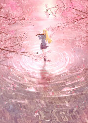 1girl absurdres black_socks blonde_hair bow_(music) cherry_blossoms cherry_tree chinese_commentary closed_eyes closed_mouth commentary_request double-parted_bangs falling_flower falling_petals floating_hair flower grey_jacket highres hkcutie holding holding_bow_(music) instrument jacket kneehighs lake light_blush light_smile long_hair miyazono_kawori music petals pink_flower pink_skirt pink_theme plaid_clothes plaid_skirt playing_instrument pleated_skirt reflection reflective_water ripples school_uniform shigatsu_wa_kimi_no_uso shirt skirt socks standing tree violin wading white_shirt wide_shot