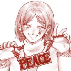 1boy chain chain_necklace earrings gem hands_up jewelry leviathan_(project_moon) long_sleeves looking_at_viewer male_focus monochrome necklace open_mouth parted_bangs pop_(project_moon) project_moon red_theme short_hair simple_background smile solo sweater turtleneck turtleneck_sweater yatsumeunagi