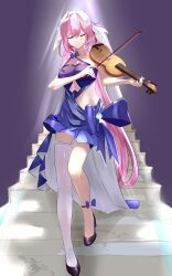 Rule 34 | 1girl, absurdres, bare shoulders, closed eyes, closed mouth, dress, elf, elysia (honkai impact), evening gown, guitar, hair between eyes, hair ornament, highres, holding, holding guitar, holding instrument, honkai (series), honkai impact 3rd, instrument, jewelry, long hair, pantyhose, pink hair, pointy ears, qianying, solo, very long hair, white pantyhose