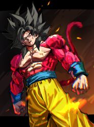1boy alternate_color battle_damage black_hair blue_sash body_fur clenched_hands cowboy_shot dragon_ball dragon_ball_daima dragon_ball_gt highres long_hair looking_at_viewer male_focus muscular muscular_male pants red_fur sash smirk solo son_goku spiked_hair super_saiyan super_saiyan_4 tkht_9315 yellow_eyes yellow_pants