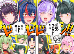 2boys 6+girls animal_ears asaba_harumasa black_hair blush caesar_king_(zenless_zone_zero) ellen_joe fox_ears fox_girl green_eyes green_hair headband highres horns hoshimi_miyabi jane_doe_(zenless_zone_zero) miyabidai mole mole_under_eye multiple_boys multiple_girls nicole_demara orange_hair orpheus_(zenless_zone_zero) purple_hair red_eyes red_hair sarah_(zenless_zone_zero) single_horn smile upper_body venus_(zenless_zone_zero) vivian_banshee von_lycaon wolf_boy yellow_eyes yellow_headband zenless_zone_zero zhu_yuan