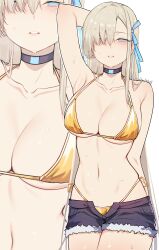 1girl absurdres anandaname armpits asuna_(blue_archive) bare_shoulders bikini blonde_hair blue_archive blue_eyes blue_ribbon blush breasts choker cleavage collarbone denim denim_shorts fur-trimmed_shorts fur_trim gold_bikini hair_over_one_eye hair_ribbon highres large_breasts long_hair navel no_halo open_mouth ribbon shorts side-tie_bikini_bottom solo swimsuit thighs very_long_hair